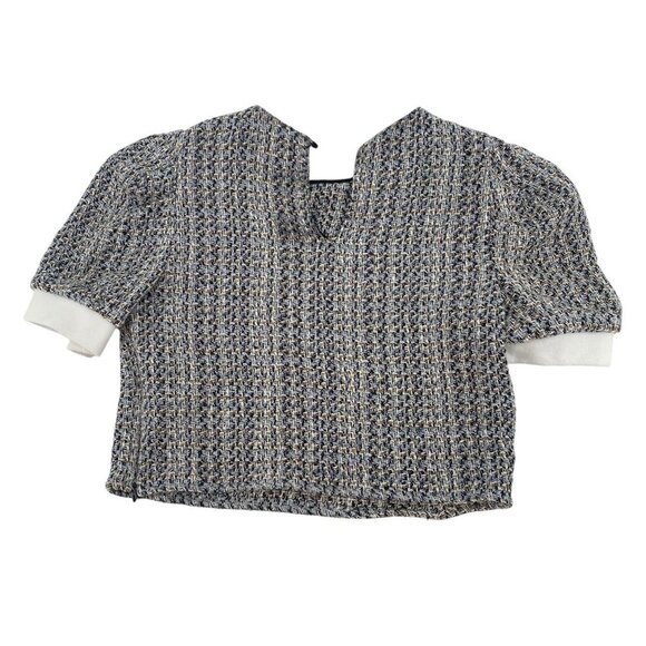 ZARA WOMEN’S SIZE SMALL TWEED BLOUSE TOP WITH FAUX PEARL *MISSING BUTTON* - Picture 2 of 14